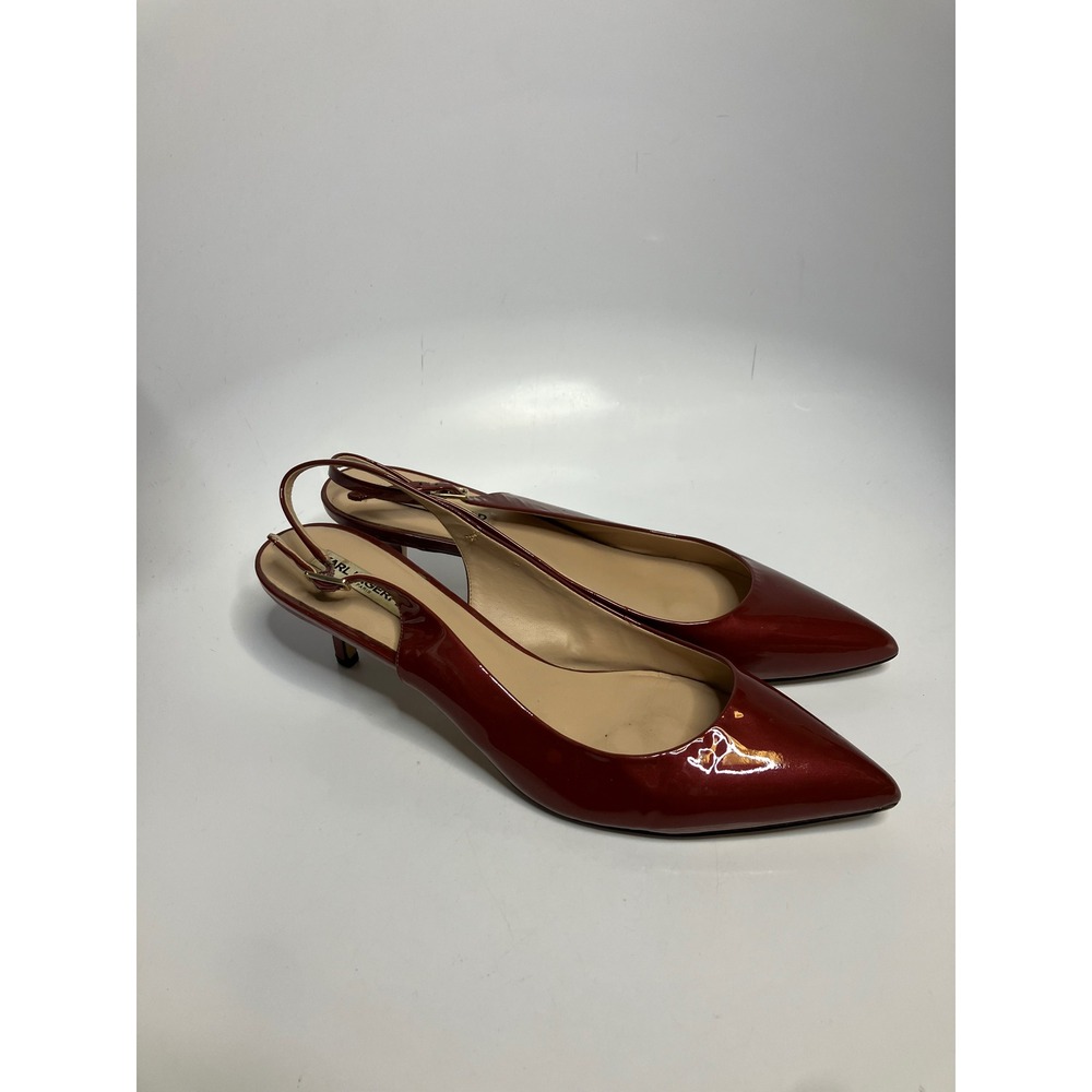 Karl Lagerfeld red maroon patent leather sling back kitten heel shoes women's 14